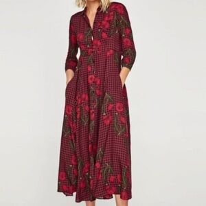 Zara Floral Print Midi Dress S Red Fit Flare Romantic Valentines 3/4 Sleeve